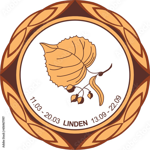 Celtic astrological horoscope. Druid tree calendar. Linden: from March 11 to March 20 and from September 13 to September 22. Decorative painting. Ancient runes