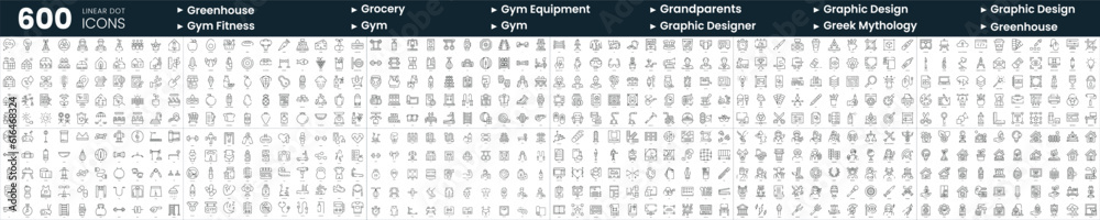 Set of 600 thin line icons. In this bundle include grandparents, greek mythology, greenhouse, gym equipment and more