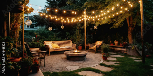 Cosy outdoor patio with a fire pit in the backyard 