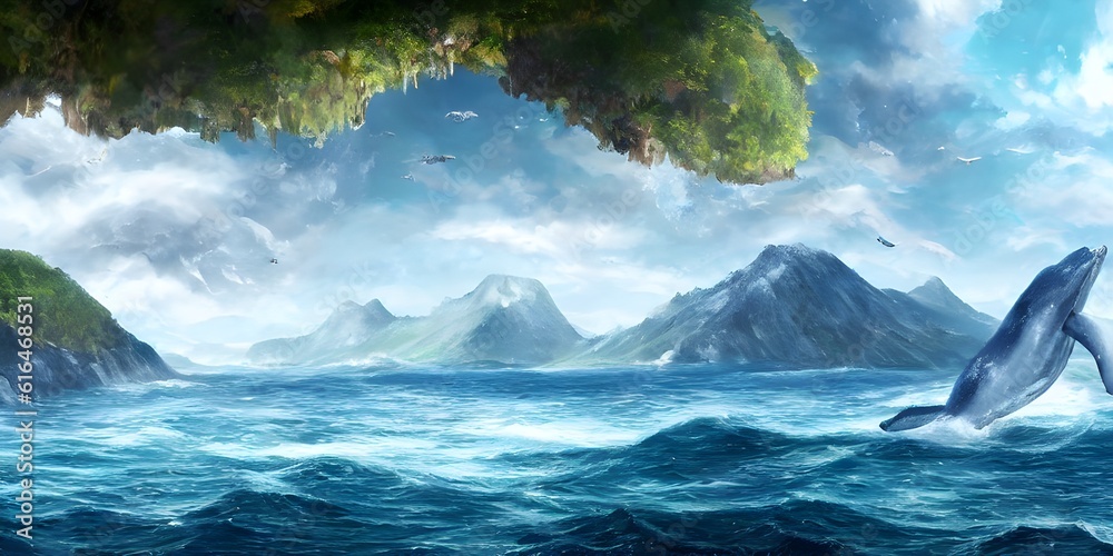 Natural Scene of mountains and lake, illustration ,generative, ai