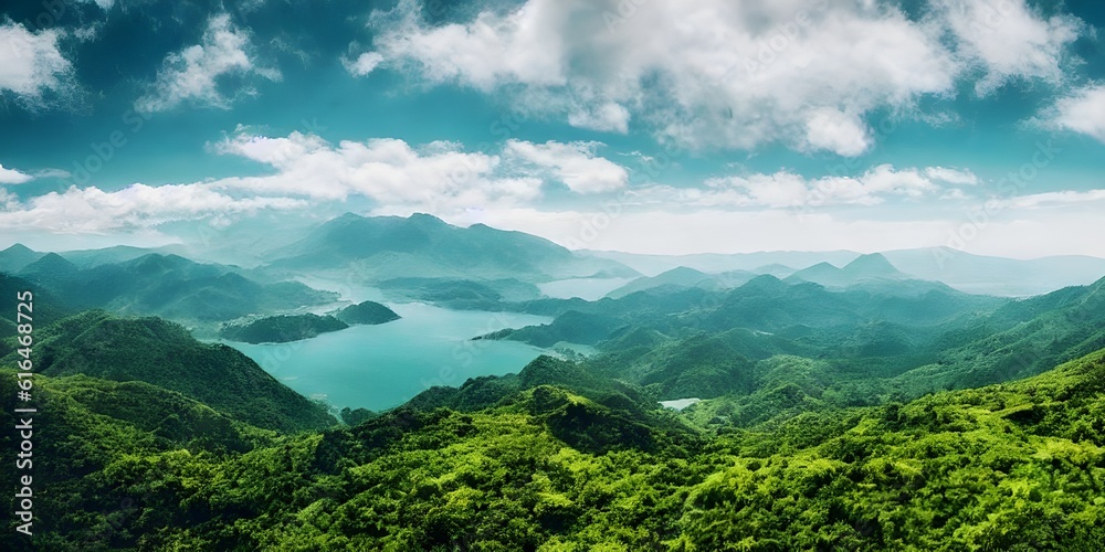 Fototapeta premium Natural Scene of mountains and lake, illustration ,generative, ai