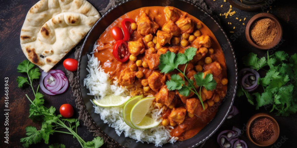 Tikka masala curry with tandoori chicken in a plate, with rice and naan bread on a dark background. Tikka masala curry with tandoori chicken in a plate, with rice and naan bread on a dark background.
