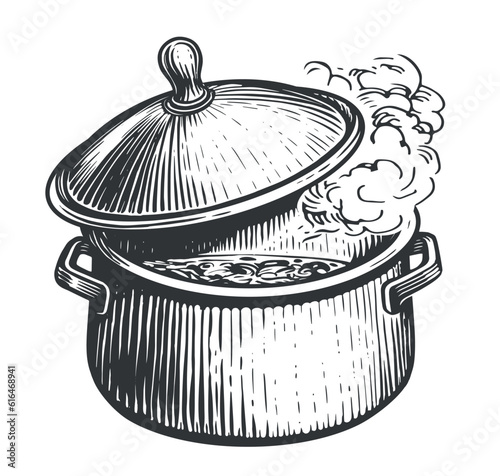 Metal pot with top. Cooking concept. Hand drawn engraving style vector illustration