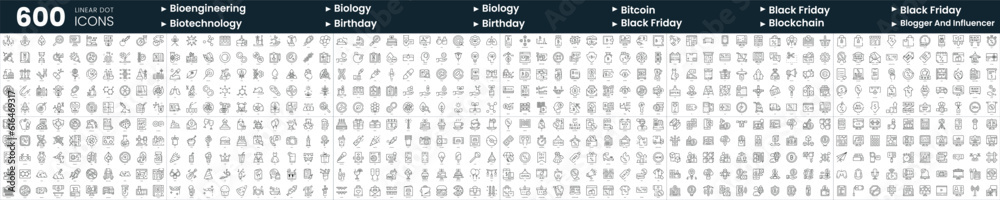 Set of 600 thin line icons. In this bundle include bioengineering, biotechnology, bitcoin, blockchain and more
