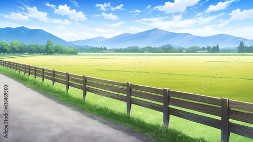 a long calm relaxing landscape with mountains in the background, anime design, ai generated image