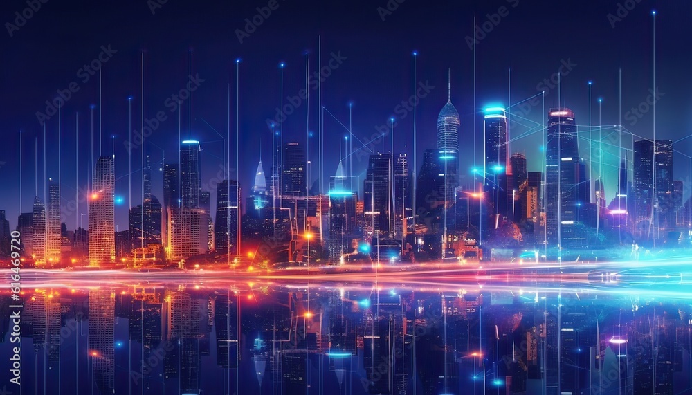 Generative AI illustration of high-speed internet connection visualized.Telecommunication network above city, wireless mobile internet technology for smart grid or 5G LTE data connection