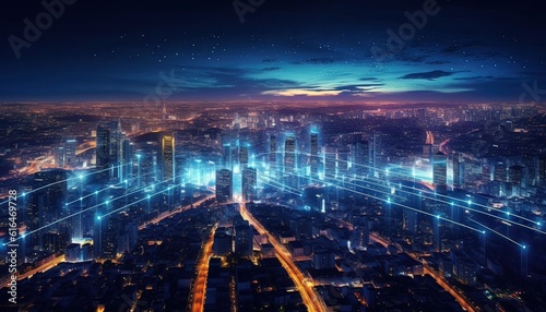 Generative AI illustration of high-speed internet connection visualized.Telecommunication network above city  wireless mobile internet technology for smart grid or 5G LTE data connection