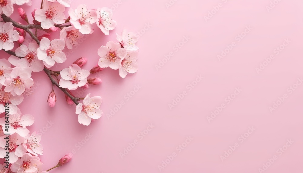 Generative AI illustration of many small beautiful pink flower blossoms on pink pastel background with copy space