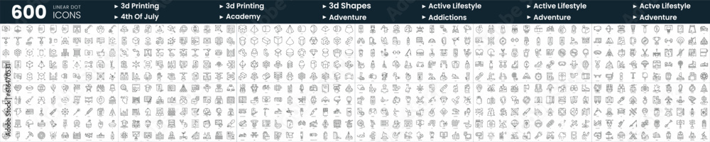Set of 600 thin line icons. In this bundle include 3d printing, 4th of july, adventure, active lifestyle and more