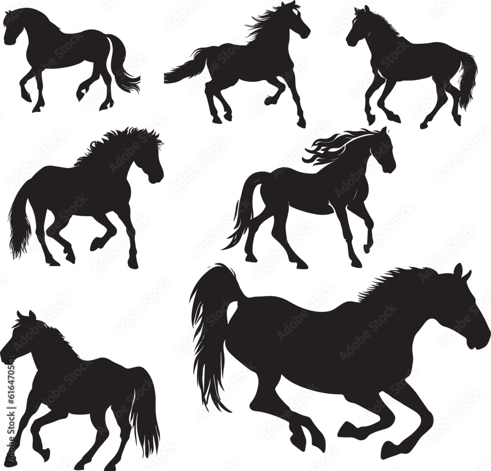 set of horse silhouettes, wild horse silhouette vector illustration set