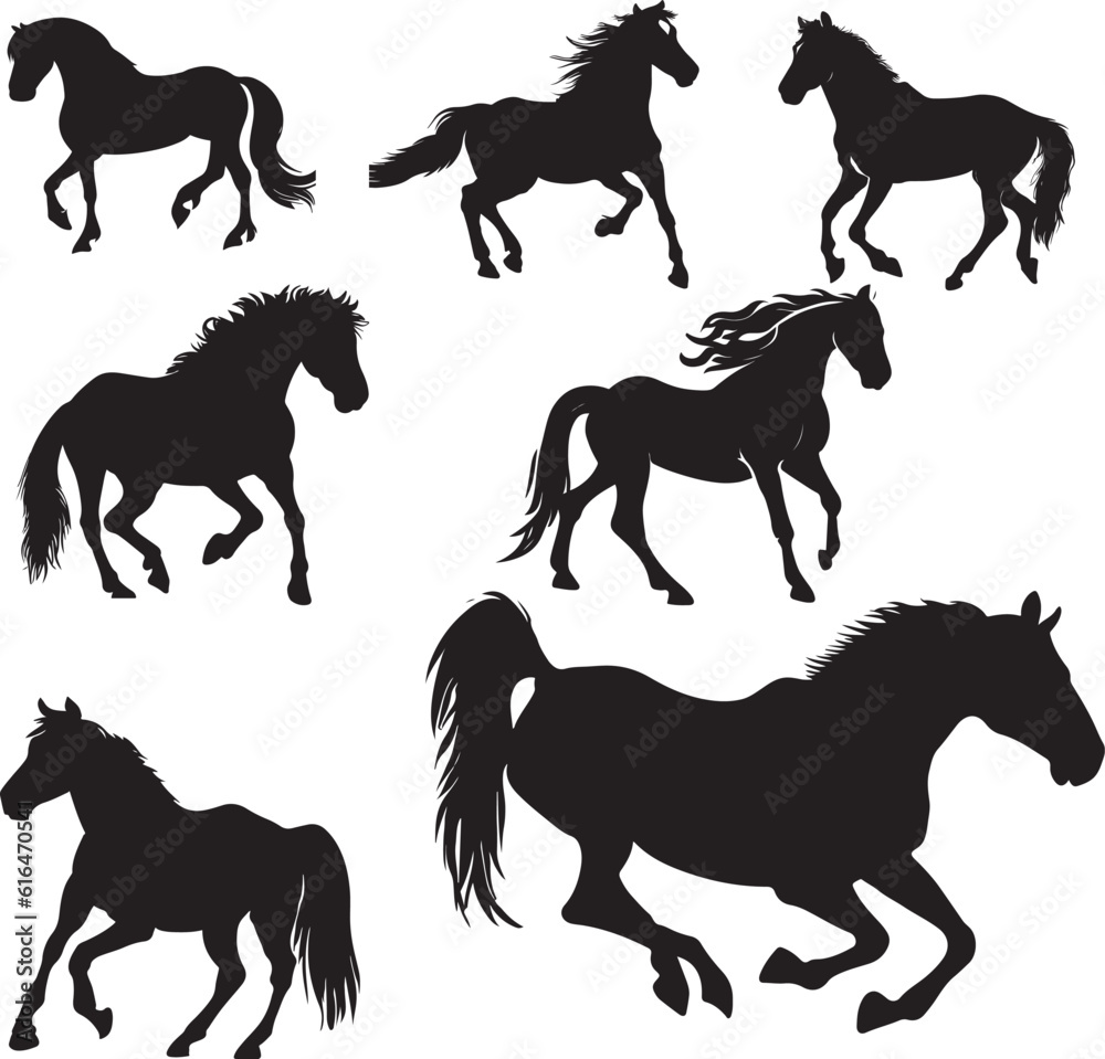 set of horse silhouettes, wild horse silhouette vector illustration set set of horse silhouettes, wild horse silhouette vector illustration set