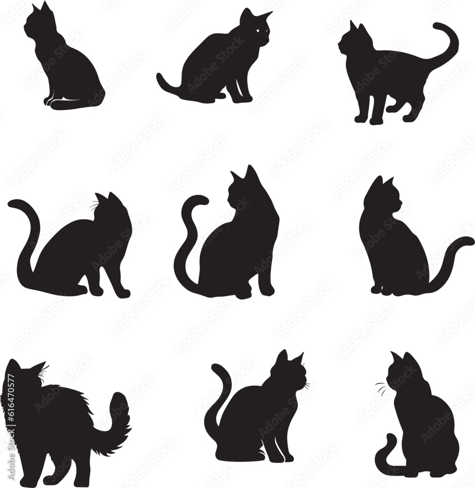 set of cats silhouettes, cats isolated on a white artboard. cat vector illustration with white background