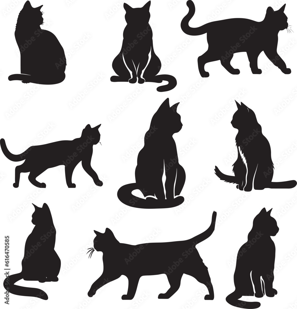 set of black cats silhouettes, black silhouette cats vector illustration set