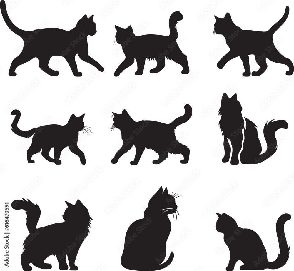 cat silhouette vector illustration set. different style cat vector