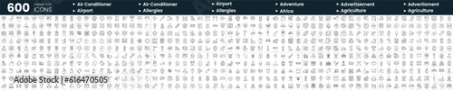 Set of 600 thin line icons. In this bundle include adventure, africa, air conditioner, allergies and more