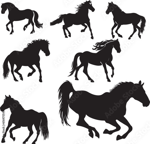 set of horse silhouettes  wild horse silhouette vector illustration set