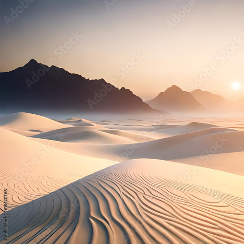 Beautiful dessert landscape with sandy terrains and Rocky Mountains in the distance. Generative Ai.