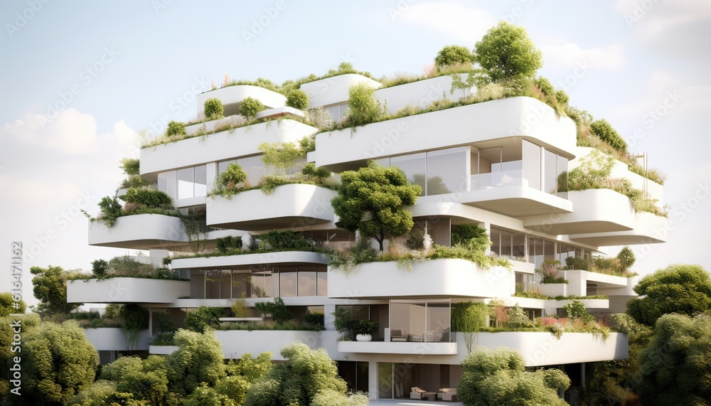 Generative AI illustration of modern residential district with green roof and balcony Generative AI illustration of modern residential district with green roof and balcony