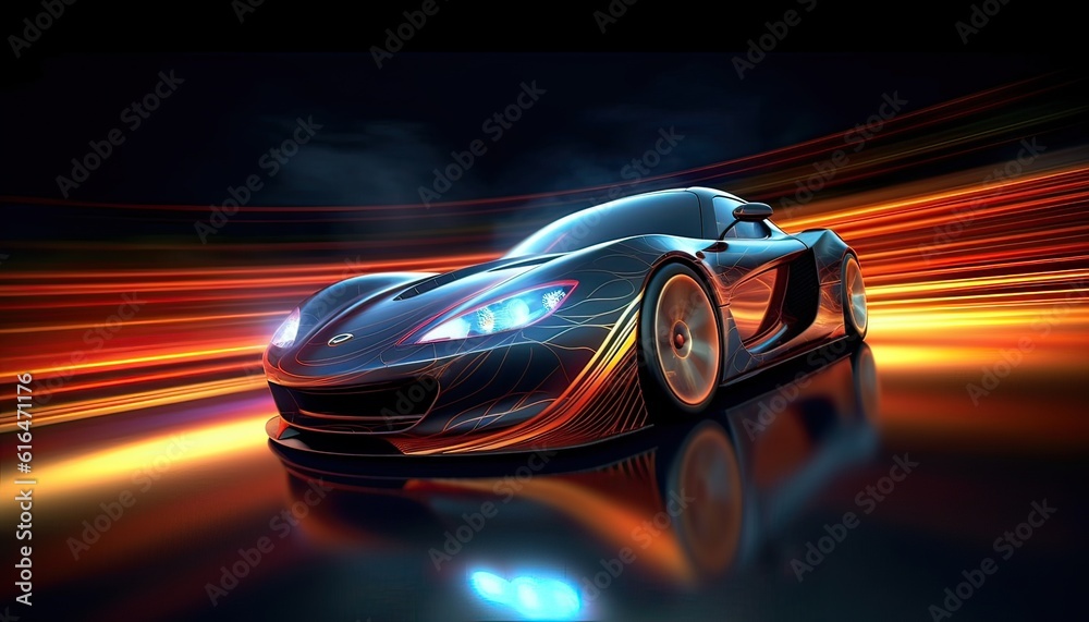 Generative AI illustration of a modern sports car racing through a dark curve