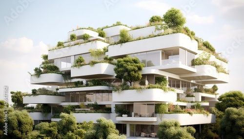 Generative AI illustration of modern residential district with green roof and balcony © CravenA
