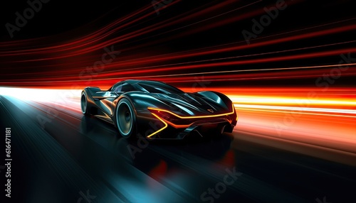 Generative AI illustration of a modern sports car racing through a dark curve
