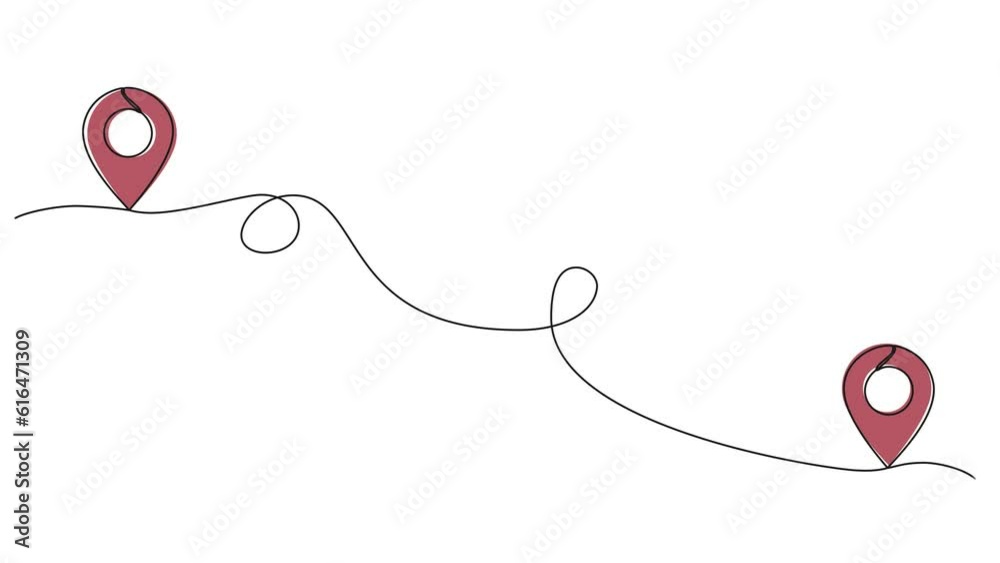 animated single line drawing of abstract travel route with location markers, map pins line art animation