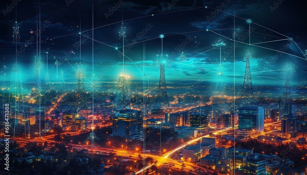 Obraz premium Generative AI illustration of high-speed internet connection visualized.Telecommunication network above city, wireless mobile internet technology for smart grid or 5G LTE data connection