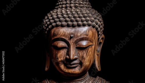 Generative AI illustration of rock and wooden buddha statue on black background © CravenA