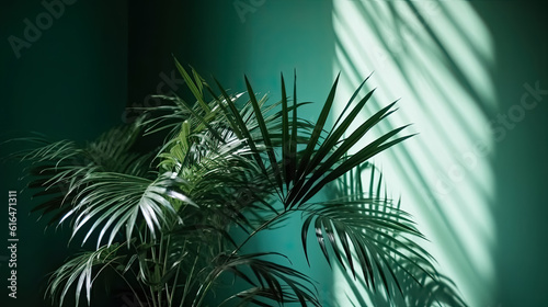 Palm leaves in sunlight on green wall background  interior design or mockup idea. AI generated