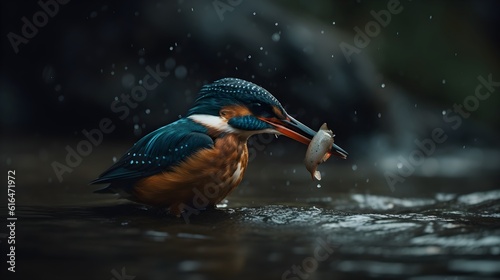 Nature Photography of Beautiful Kingfisher Catching a Fish. Created with Generative AI Technology