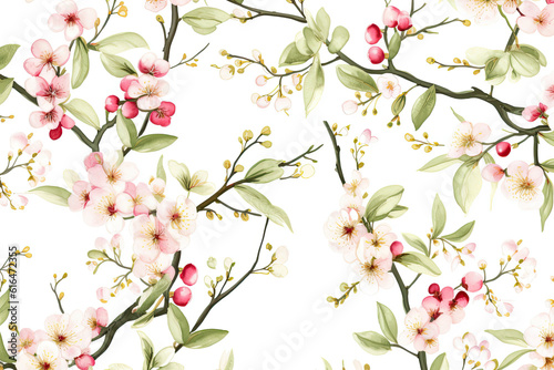 Watercolor Illustration of Cherry with Floral. Generative AI.