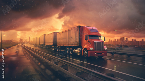 Freight truck driving on highway road. Freight transportation