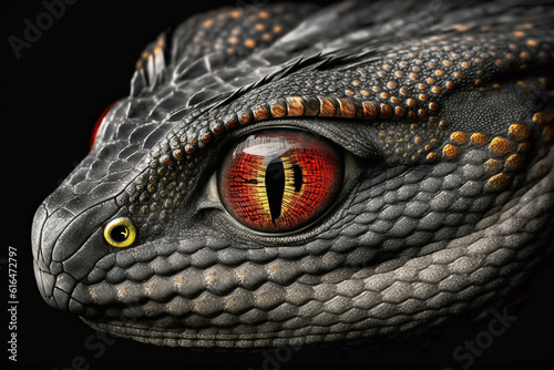 snake head with red eyes  close-up on a black background. created with generative AI technology