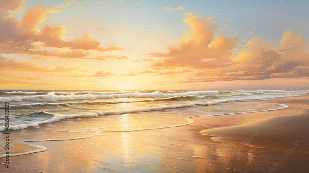Naklejka premium breathtaking view of a tranquil beach at sunset, with gentle waves rolling onto the shore