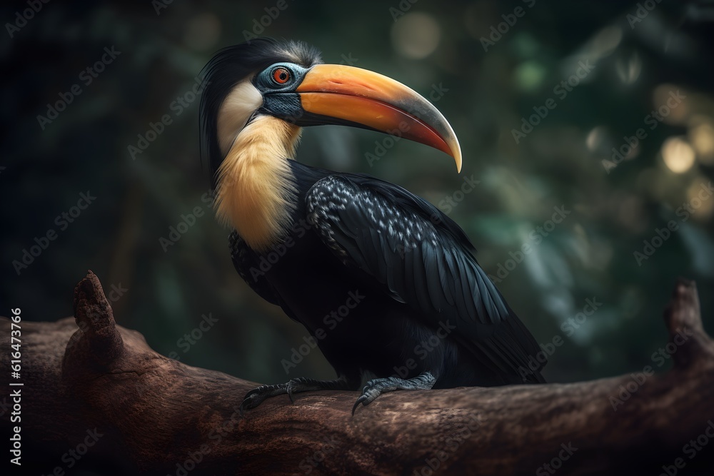 Obraz premium Photo a Hornbill Bird on Woodenbranch. Created with Generative AI Technology