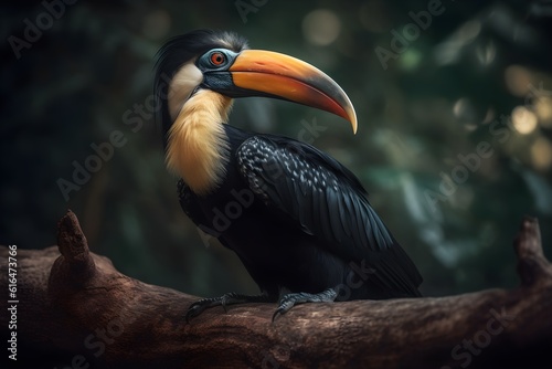 Photo a Hornbill Bird on Woodenbranch. Created with Generative AI Technology