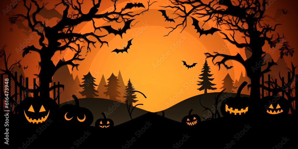 halloween background with border out of pumpkins , bats and trees as black shapes against orange background