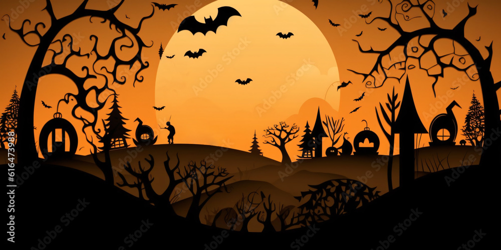 halloween background with border out of pumpkins , bats and trees as black shapes against orange background