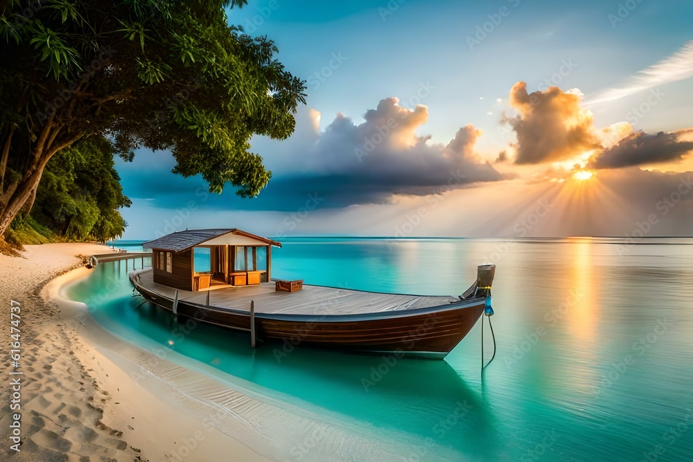 Maldives with small cottages on river