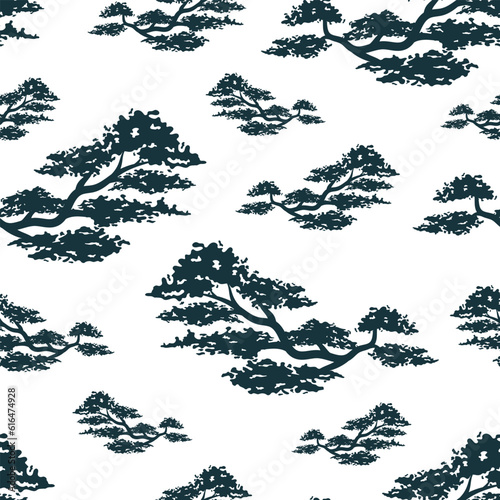 Bonsai seamless pattern. Vector background with oriental motives. Japanese art for  textile, texture and wrapping paper.