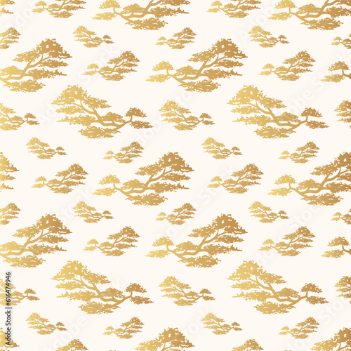 Bonsai seamless pattern.  Golden vector background with oriental motives. Japanese art for  textile, texture and wrapping paper.