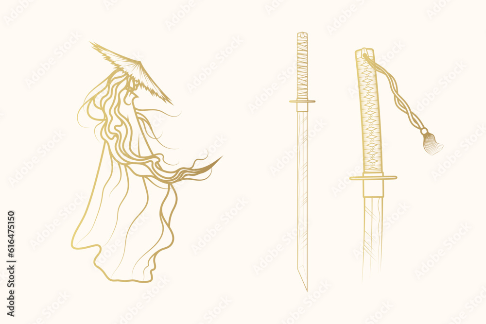 Obraz premium Golden samurai and katana. Japanese design elements for t-shirt, print and stickers. Hand drawn vector illustration isolated on white background.