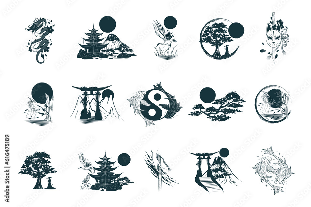 Japanese art collection. Set of 15 design elements for t-shirt, tattoo, print and stickers. Hand drawn vector illustrations isolated on white background
