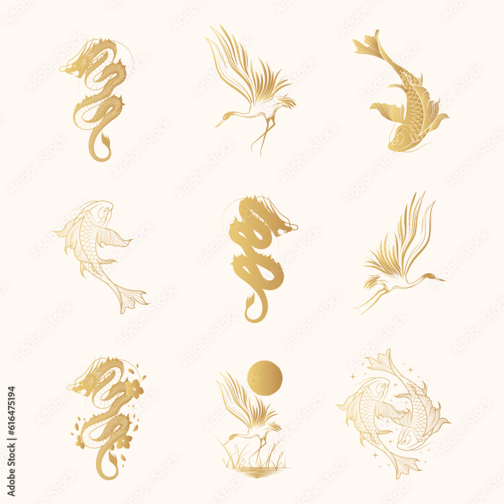 Koi fish, dragon and crane japanese art collection. Golden set of 9 design elements for t-shirt, print and stickers. Hand drawn vector illustration isolated on white background.