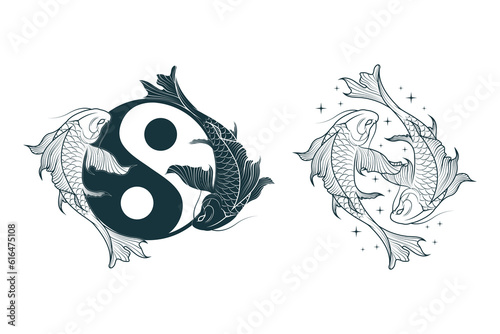 Yin yang koi fish,  symbol of harmony and balance. Japanese art for t-shirts, tattoos, prints and stickers. Hand drawn vector illustration isolated on white background.