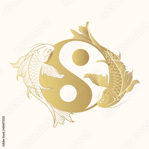 Yin yang koi fish,  symbol of harmony and balance. Golden japanese art for t-shirt, print and stickers. Hand drawn vector illustration isolated on white background.