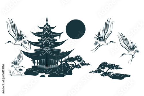 Temple, crane and bonsai tree under the sun. Japanese art for t-shirt, tattoo, print and stickers. Hand drawn vector illustration isolated on white background.