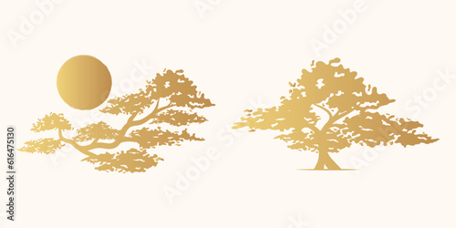 Golden bonsai tree under the sun. Japanese vector illustration isolated on white can be usable for shirts, brochures, posters and bags
