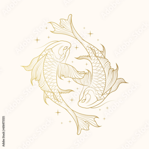 Celestial koi fish, symbol of harmony and balance. Golden japanese art for t-shirt, print and stickers. Hand drawn vector illustration isolated on white background.