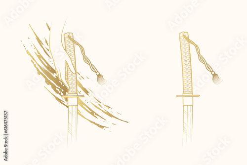 Hand with a sword on the background of a brushstroke. Japanese design elements for t-shirt, print and stickers. Golden hand drawn vector illustration isolated on white background